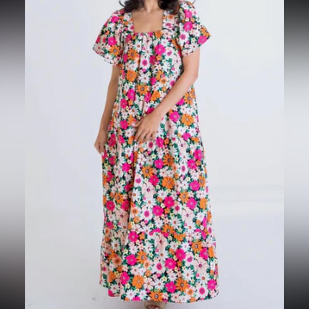 Karlie Floral Multi Poplin Square Neck Maxi Dress